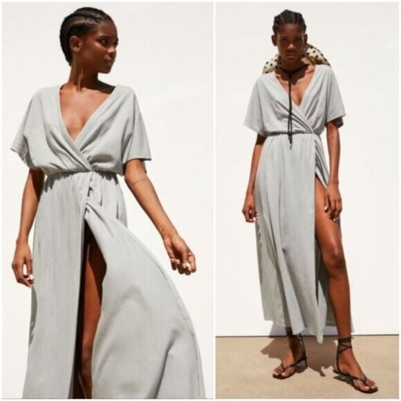 ZARA Surplice Faux Wrap Maxi Dress Long Slit Grey Sz S Flawed - Picture 1 of 16